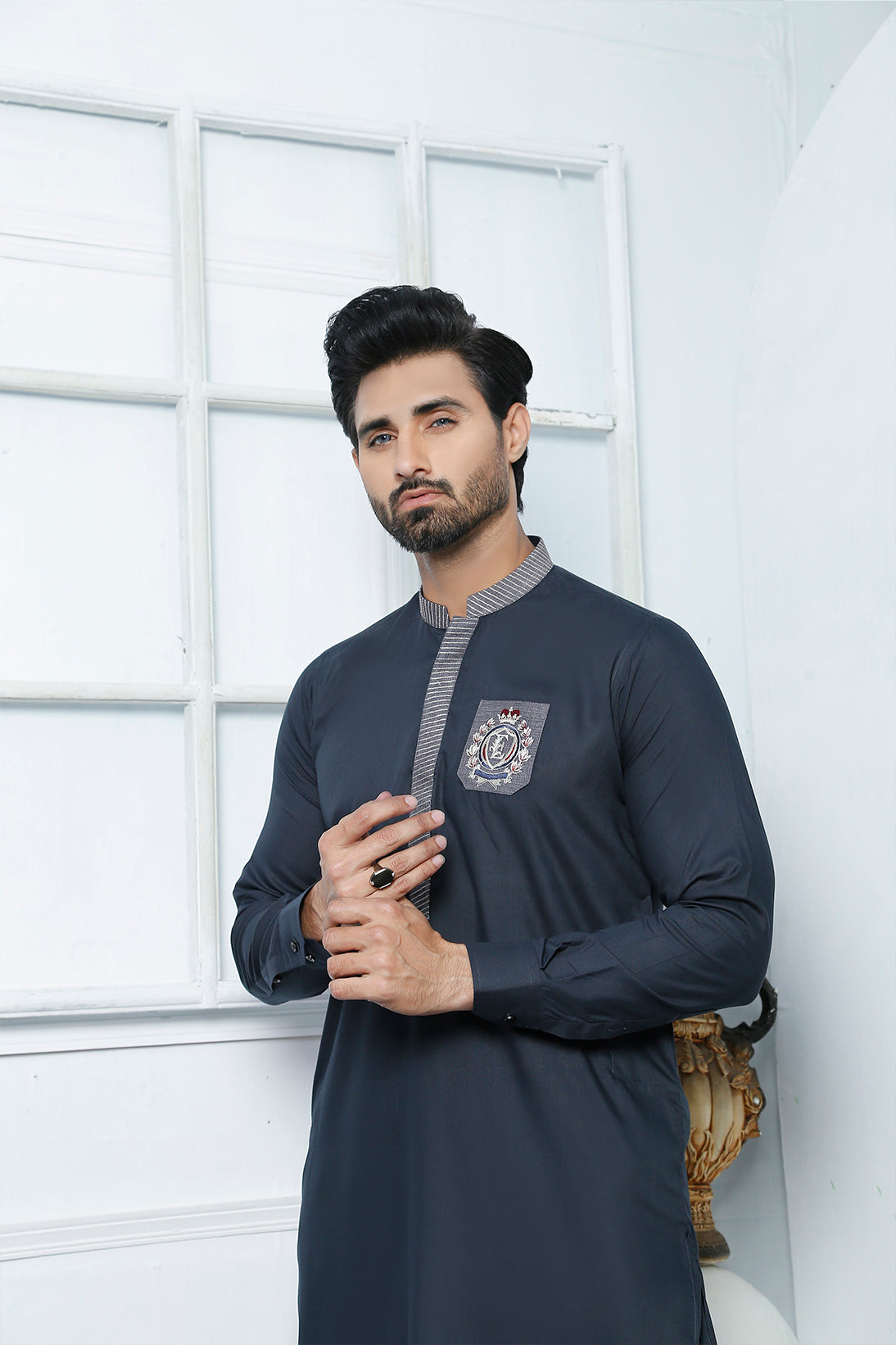 Grey Monogram Embroidered Cotton Kurta Pajama (2-Piece) - Image 2
