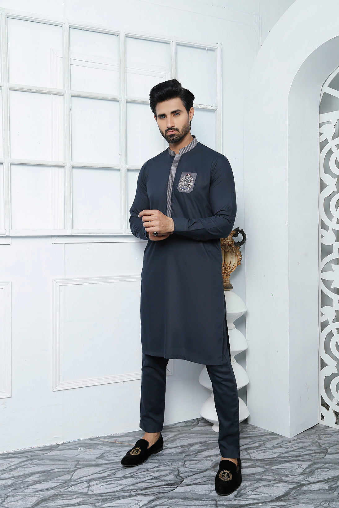 Grey Monogram Embroidered Cotton Kurta Pajama (2-Piece) - Image 3