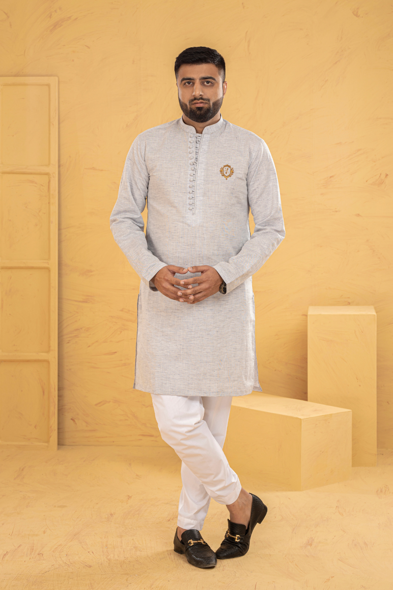 Light Grey Embroidered Cotton-Blend Kurta Pajama (2-Piece) - Image 1