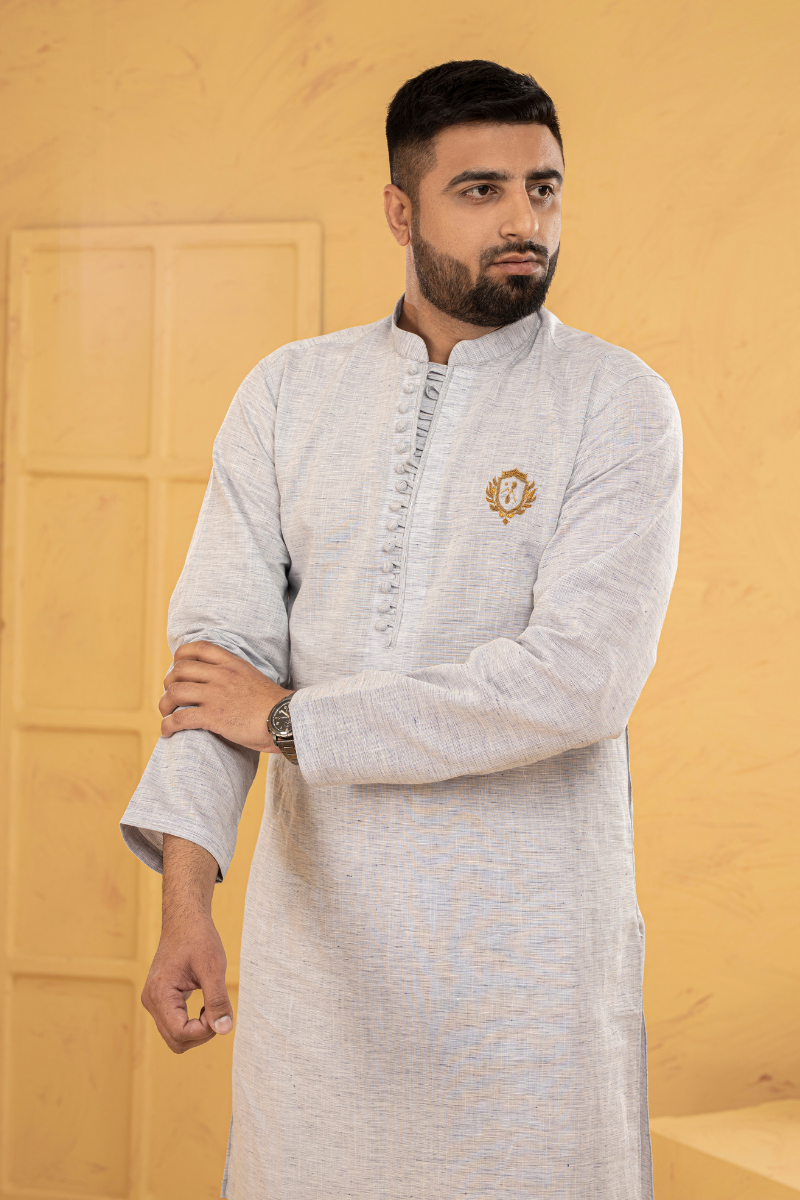 Light Grey Embroidered Cotton-Blend Kurta Pajama (2-Piece) - Image 2