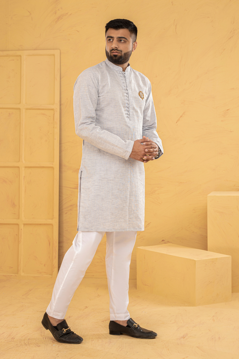 Light Grey Embroidered Cotton-Blend Kurta Pajama (2-Piece) - Image 3