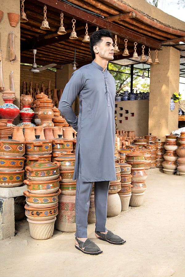 Grey Cotton-Blend Kurta Pajama Set (2-Piece) - Image 2