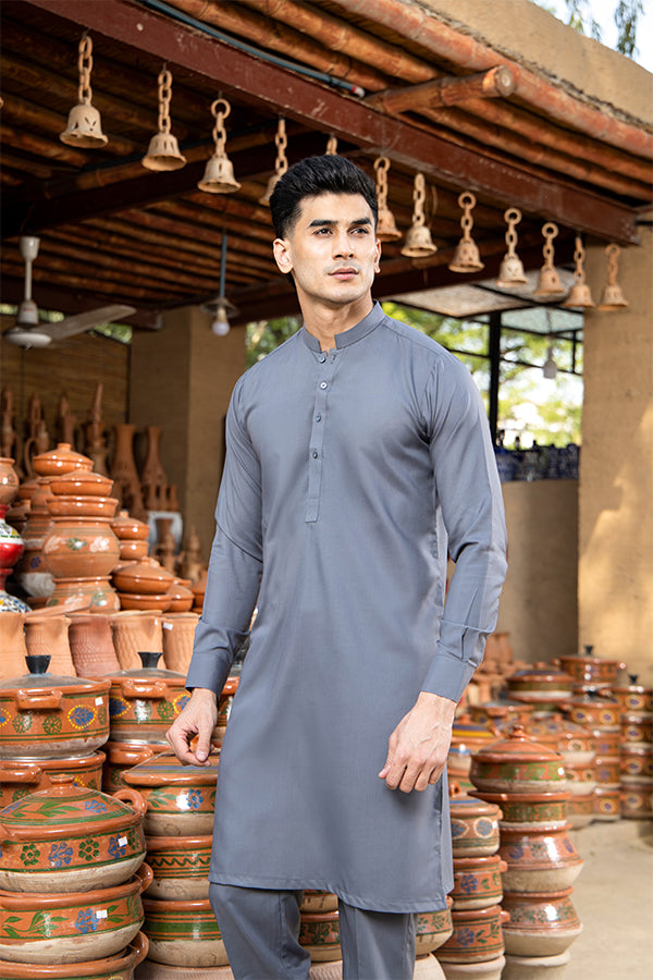 Grey Cotton-Blend Kurta Pajama Set (2-Piece) - Image 3