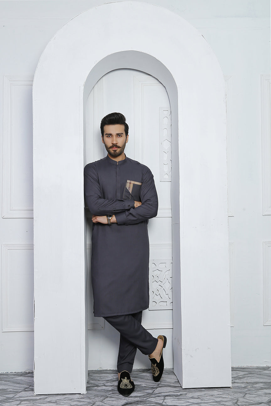 Grey Embellished Cotton-Polyester Kurta Pajama (2-Piece) - Image 1