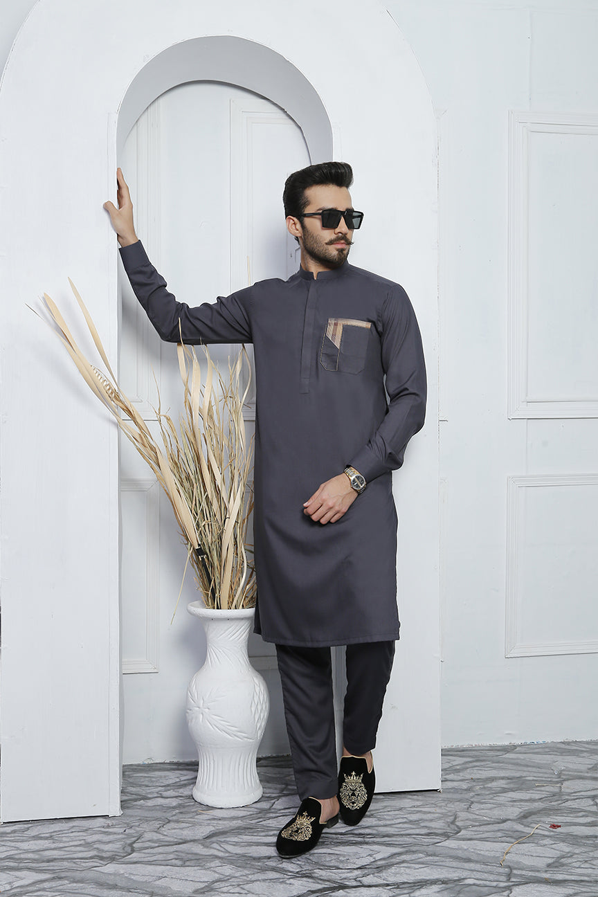 Grey Embellished Cotton-Polyester Kurta Pajama (2-Piece) - Image 3
