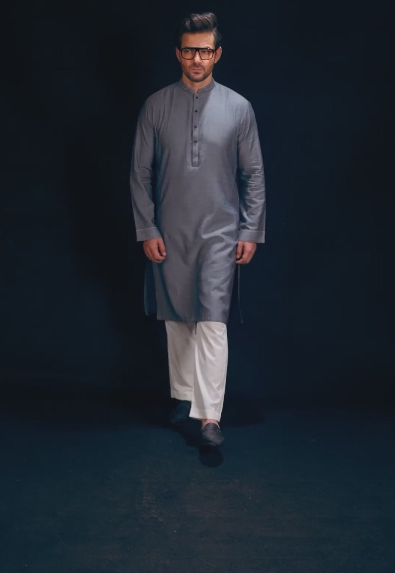 Grey Dobby Weave Cotton Kurta (2-Piece) - Image 2