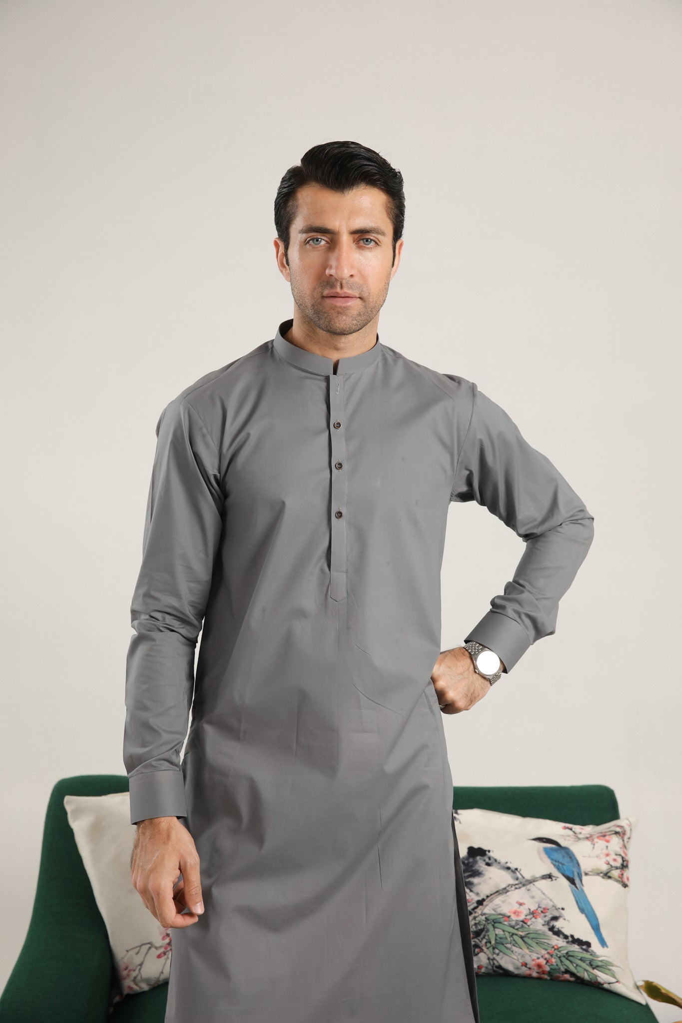 Light Grey Cotton Kurta Trouser Set (2-Piece) - Image 2