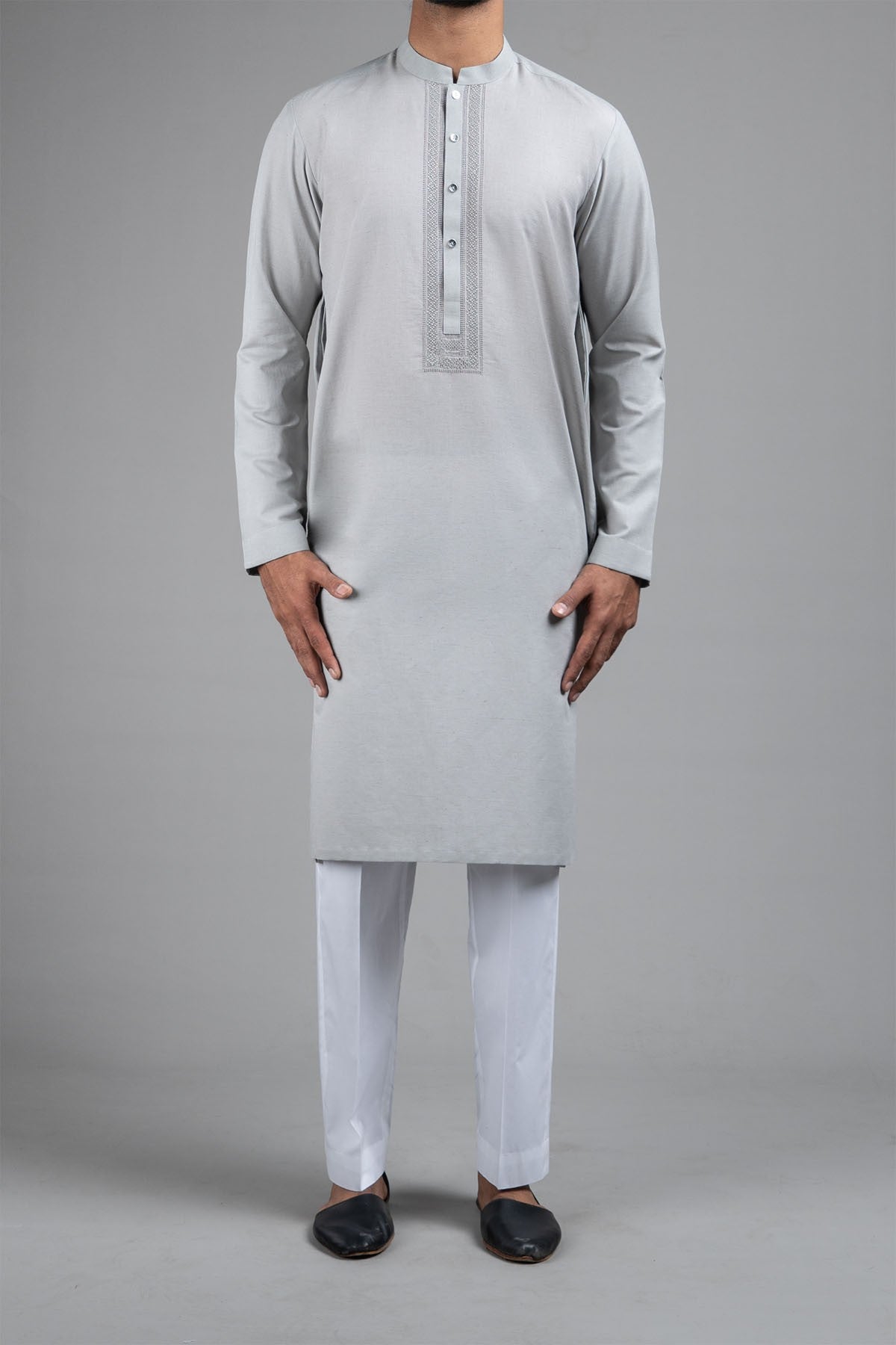 Grey Embroidered Cotton Kurta Pajama (2-Piece) - Image 1