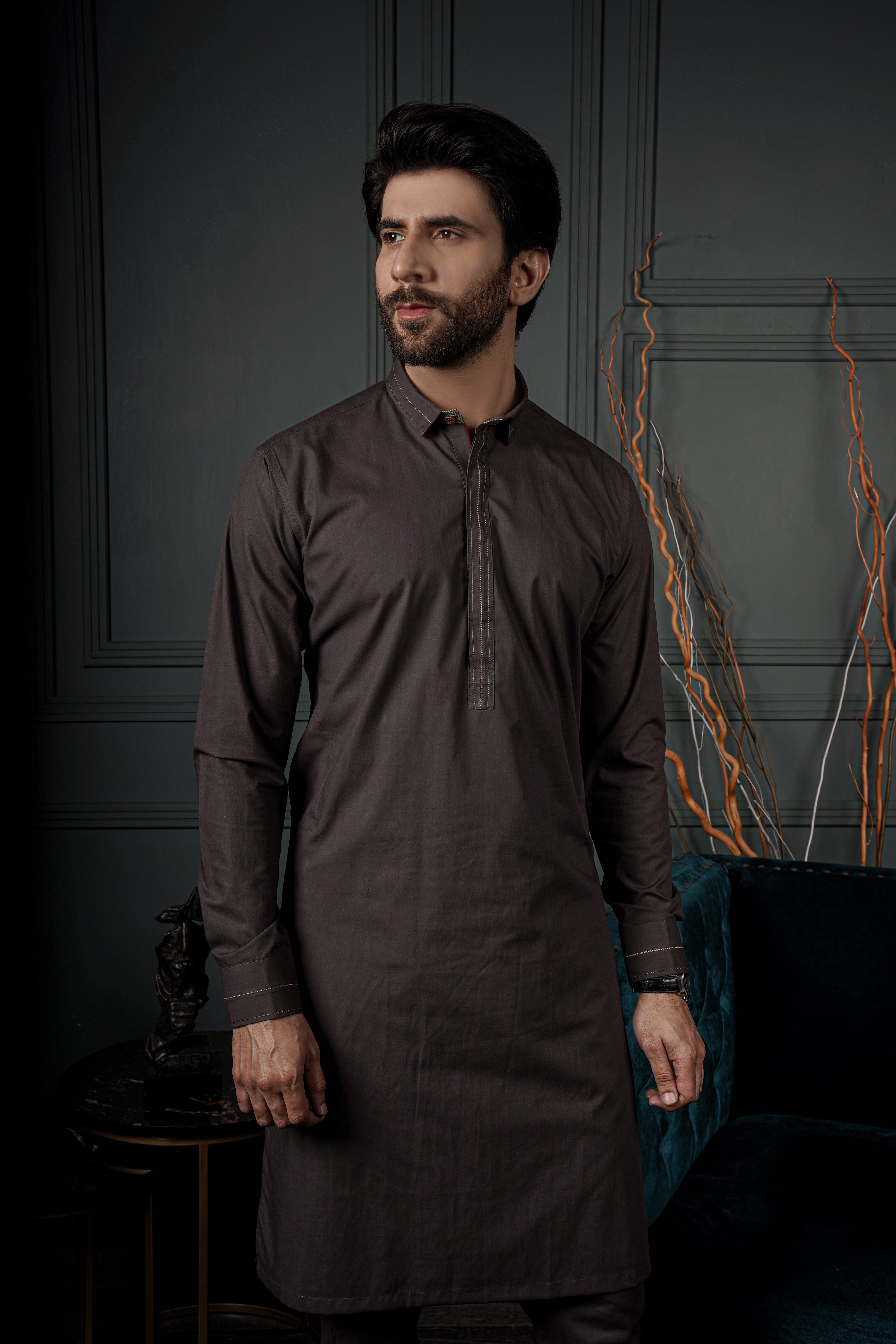 Grey Tonal Topstitched Cotton Kurta Pajama (2-Piece) - Image 1