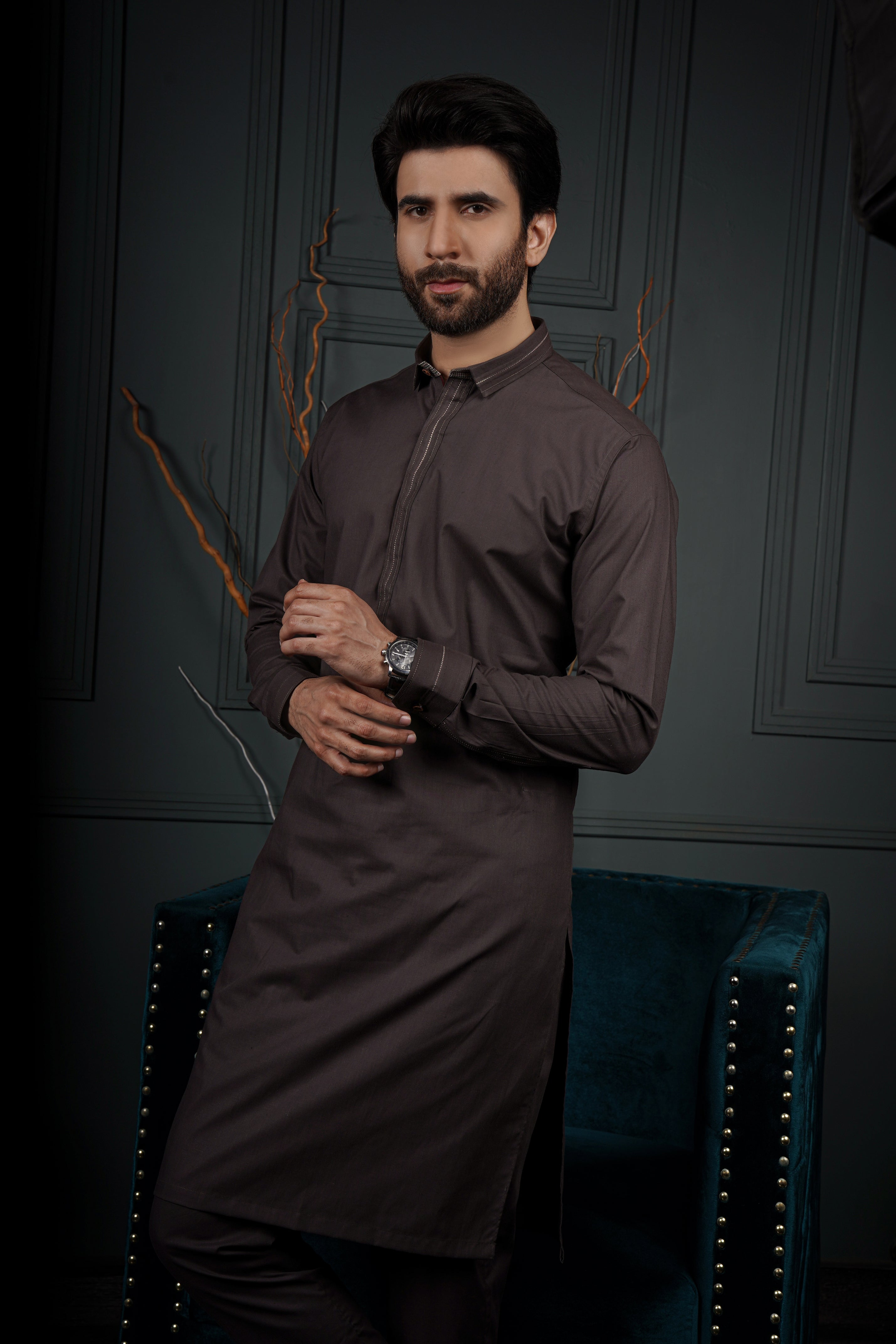 Grey Tonal Topstitched Cotton Kurta Pajama (2-Piece) - Image 2