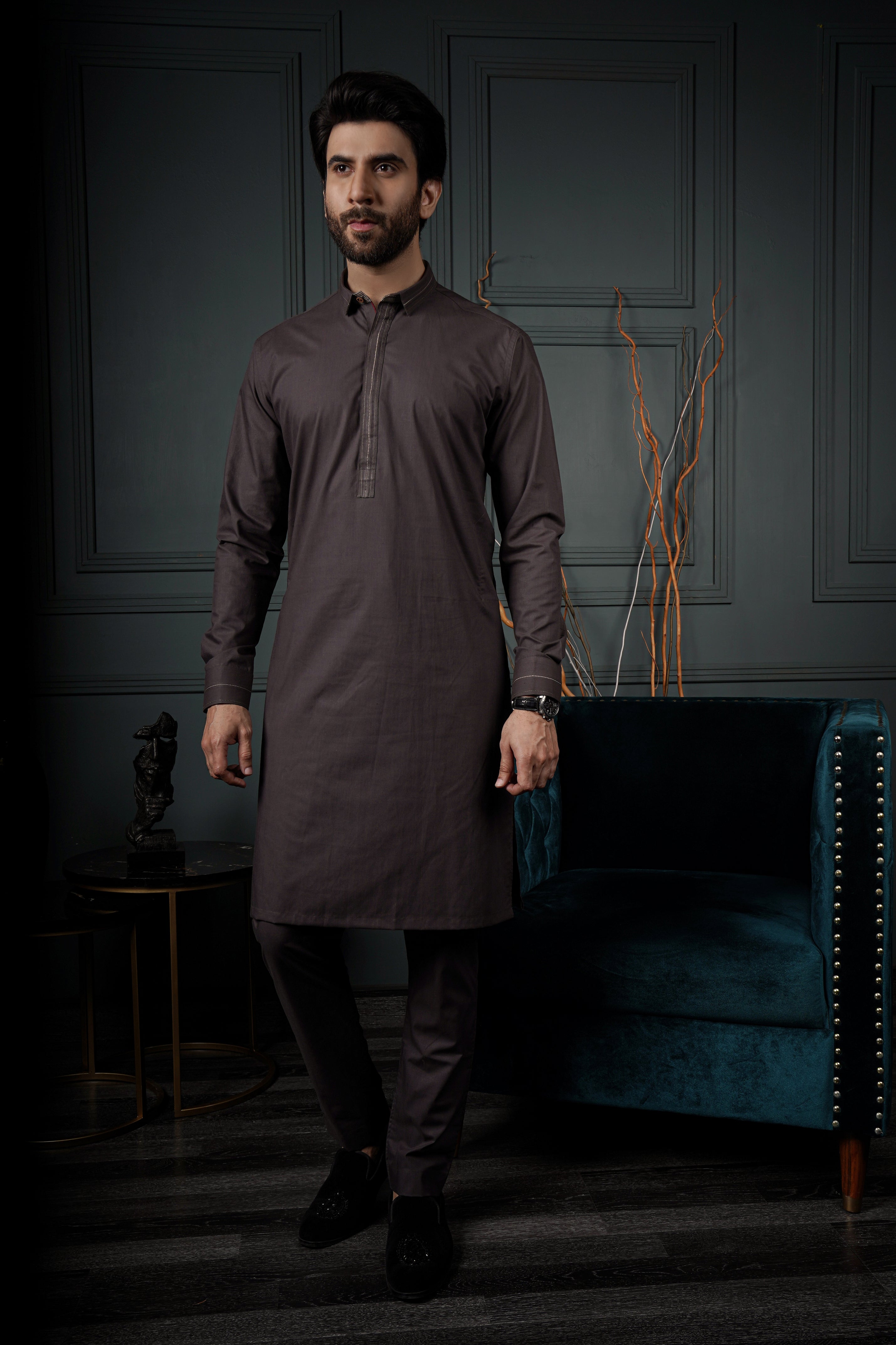 Grey Tonal Topstitched Cotton Kurta Pajama (2-Piece) - Image 3