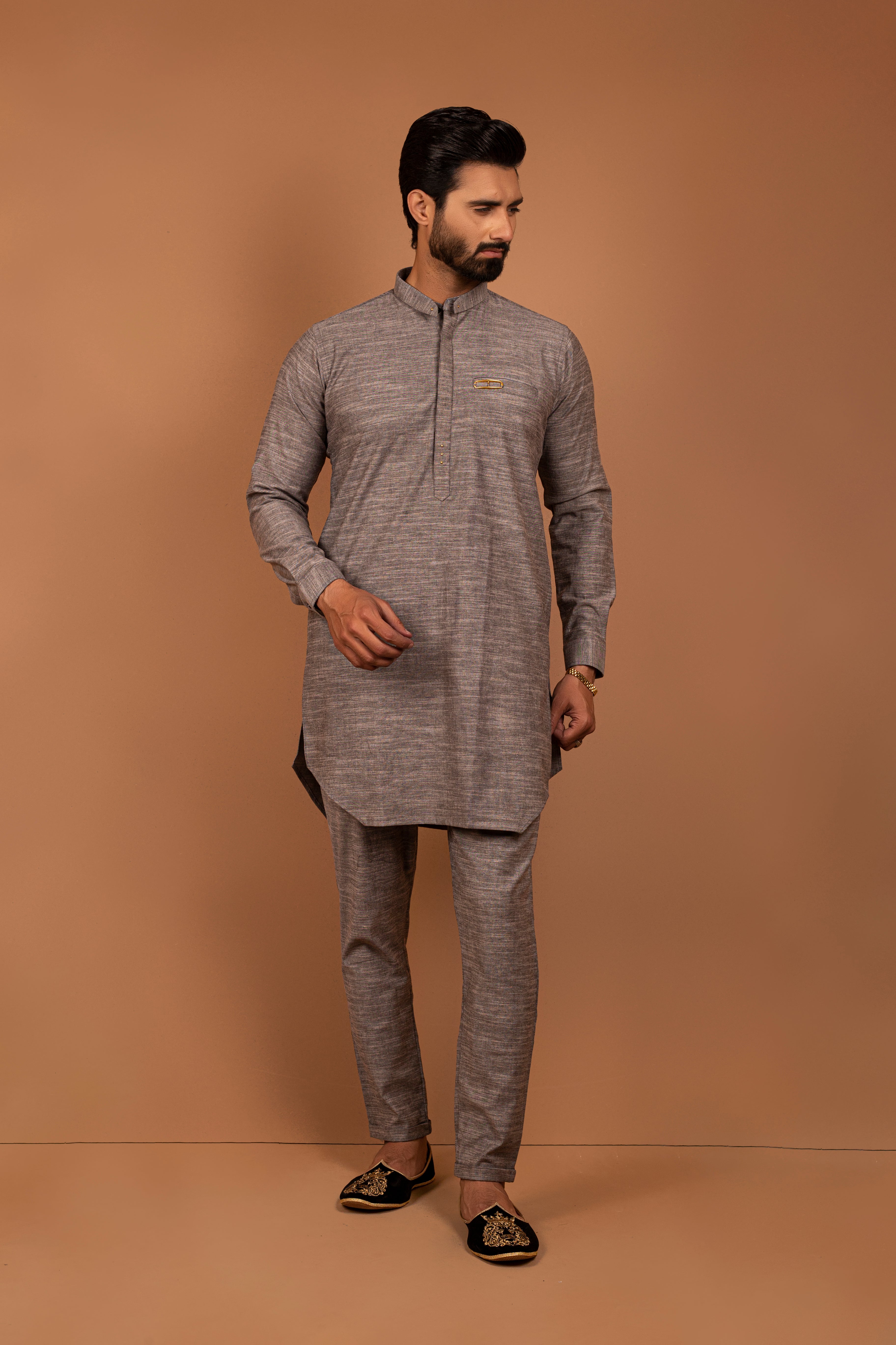 Grey Cotton Kurta Pajama Set (2-Piece) - Image 1