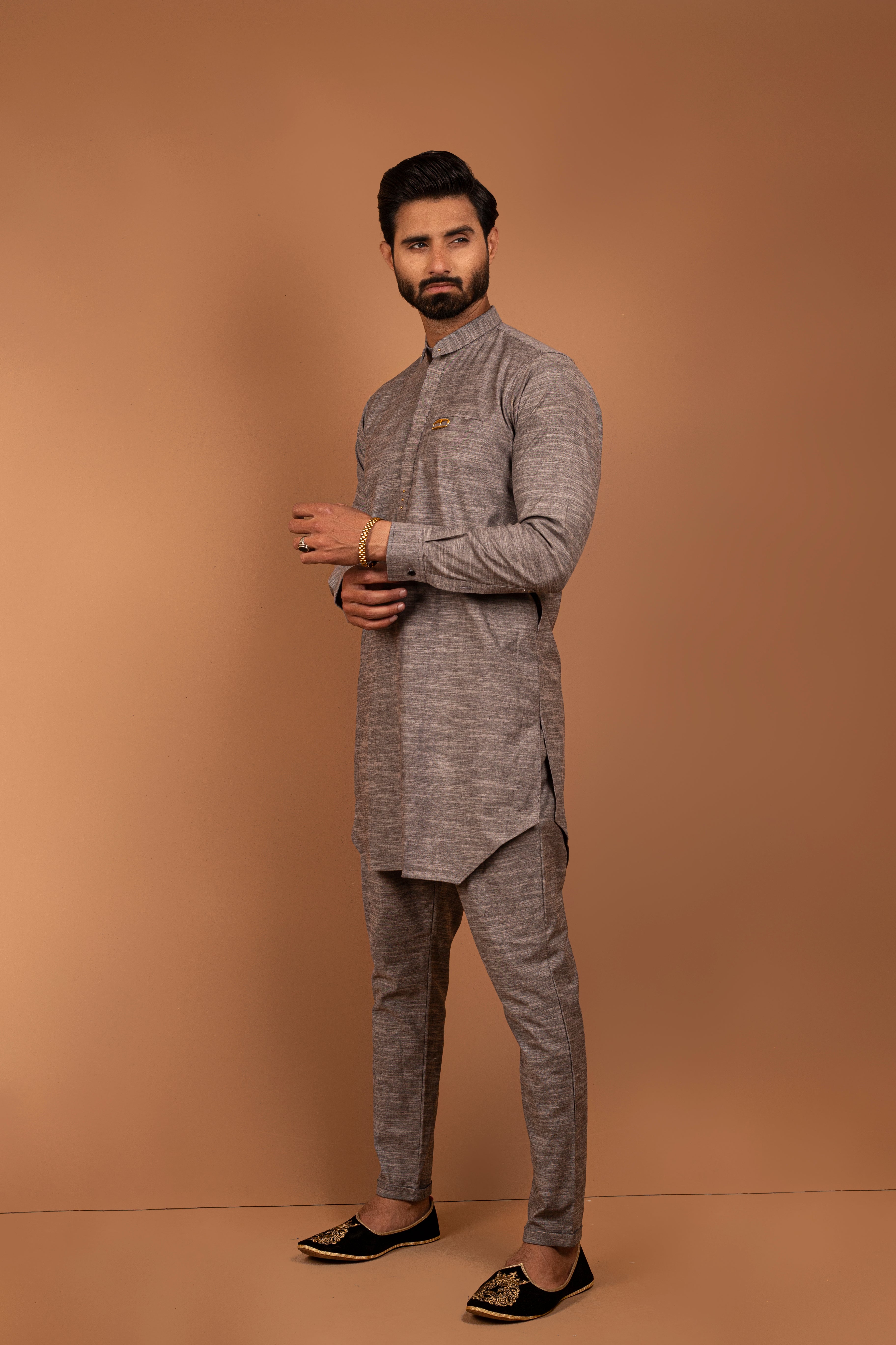 Grey Cotton Kurta Pajama Set (2-Piece) - Image 2