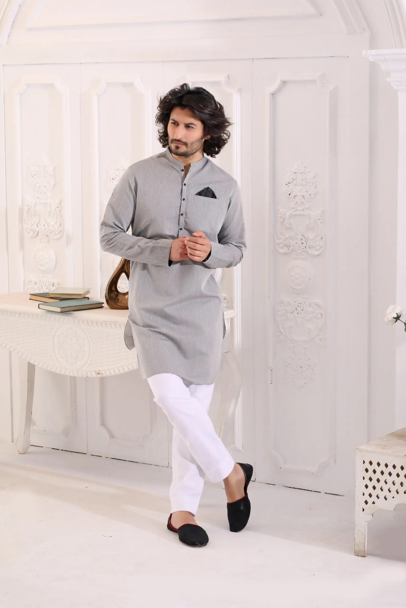 Grey Dotted Pure Cotton Kurta Pajama (2-Piece) - Image 2