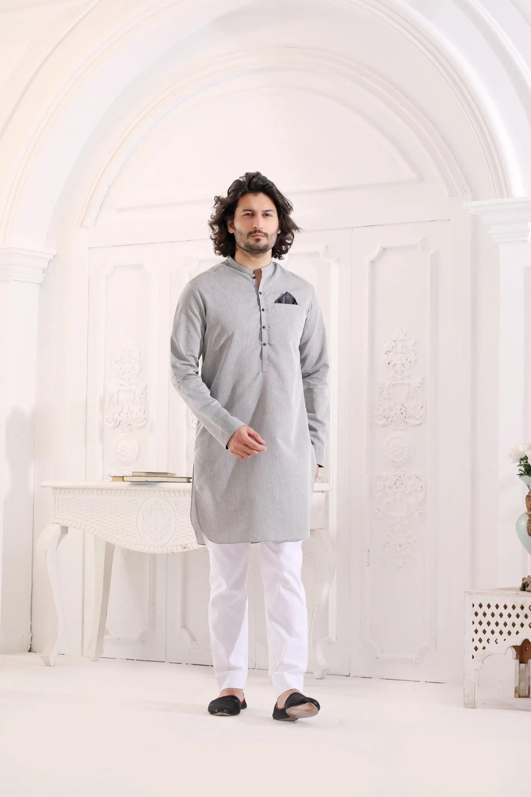 Grey Dotted Pure Cotton Kurta Pajama (2-Piece) - Image 3