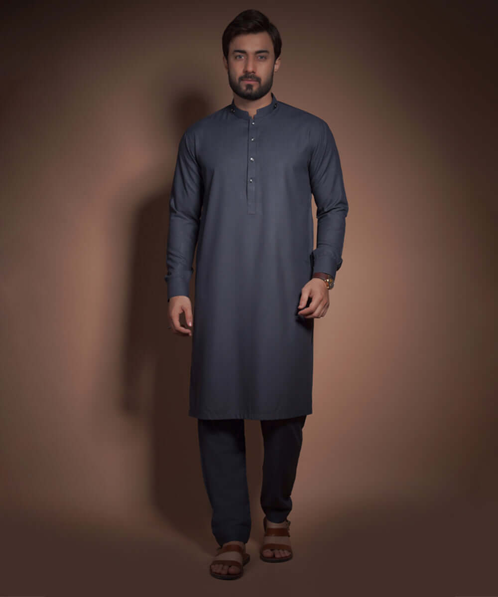Charcoal Grey Textured Cotton-Viscose Kurta Pajama (2-Piece) - Image 1