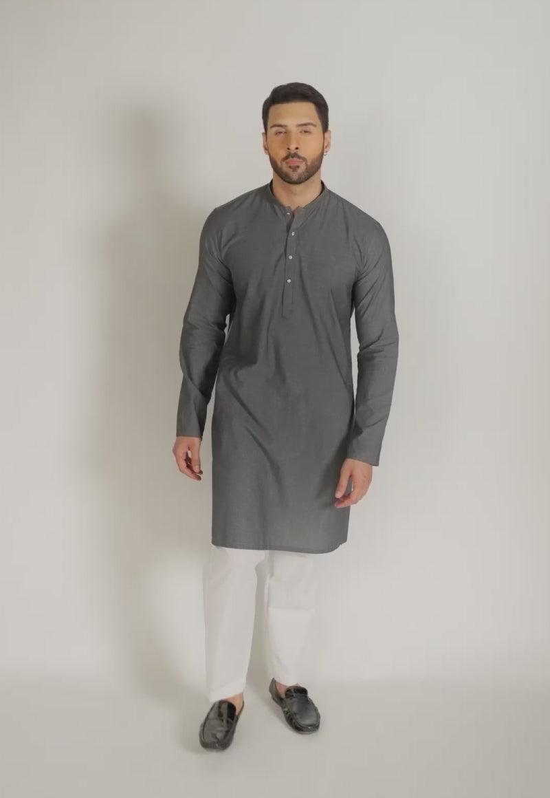 Grey Dobby Textured Kurta (2-Piece) - Image 5