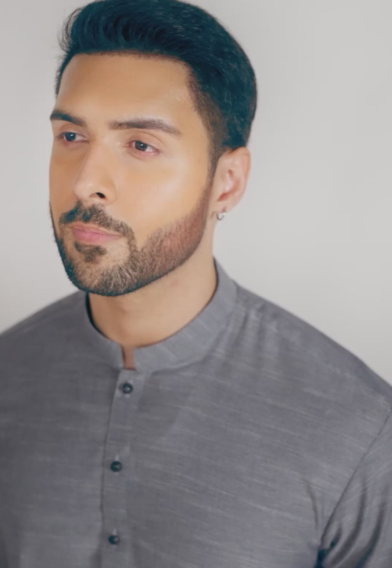 Grey Dobby Textured Kurta (2-Piece) - Image 2