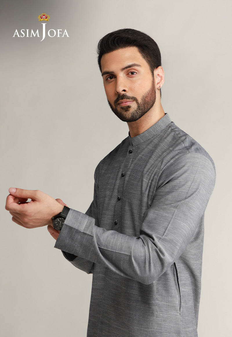 Grey Dobby Textured Kurta (2-Piece) - Image 3