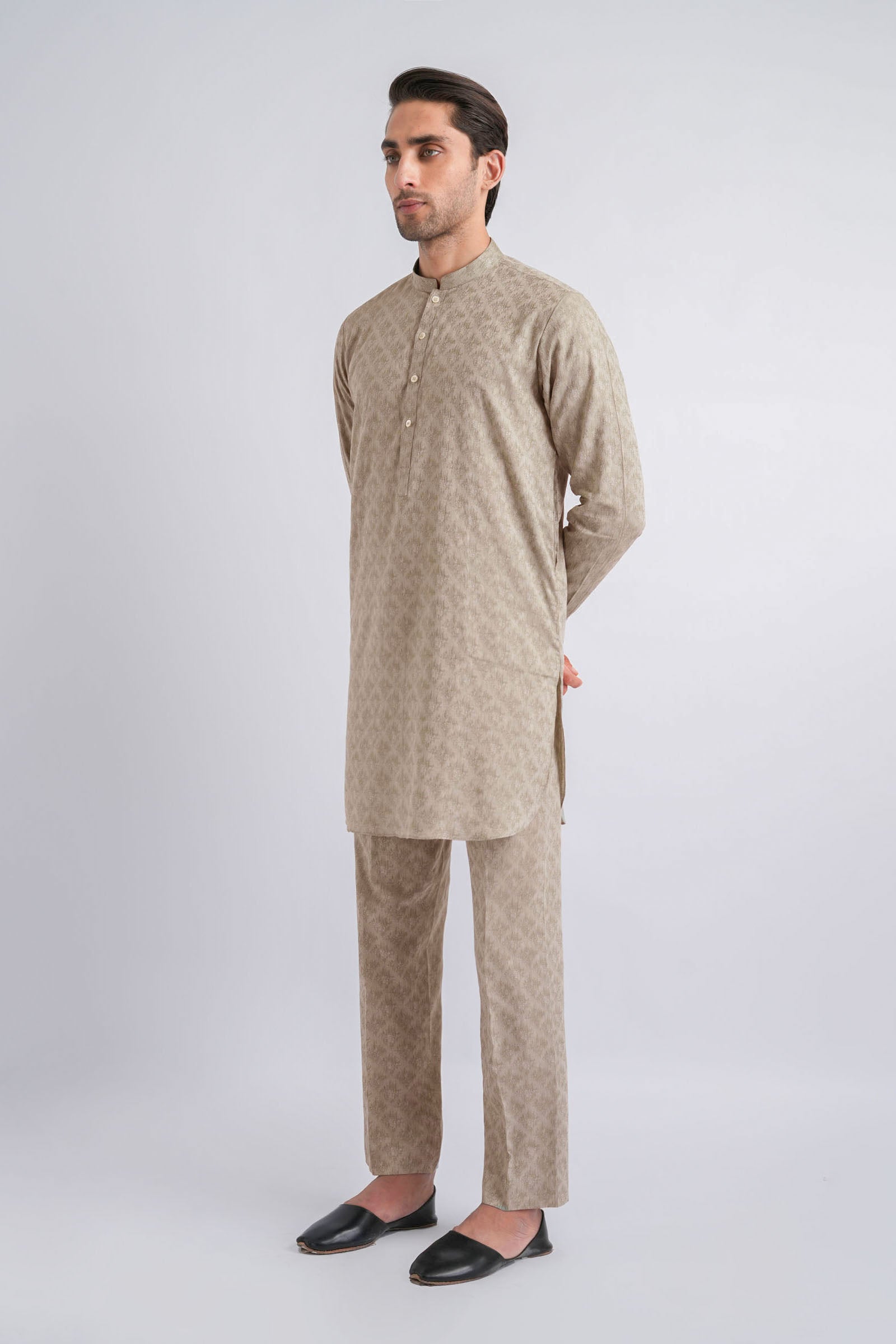 Light Grey Jacquard Kurta Trouser Set (2-Piece) - Image 1