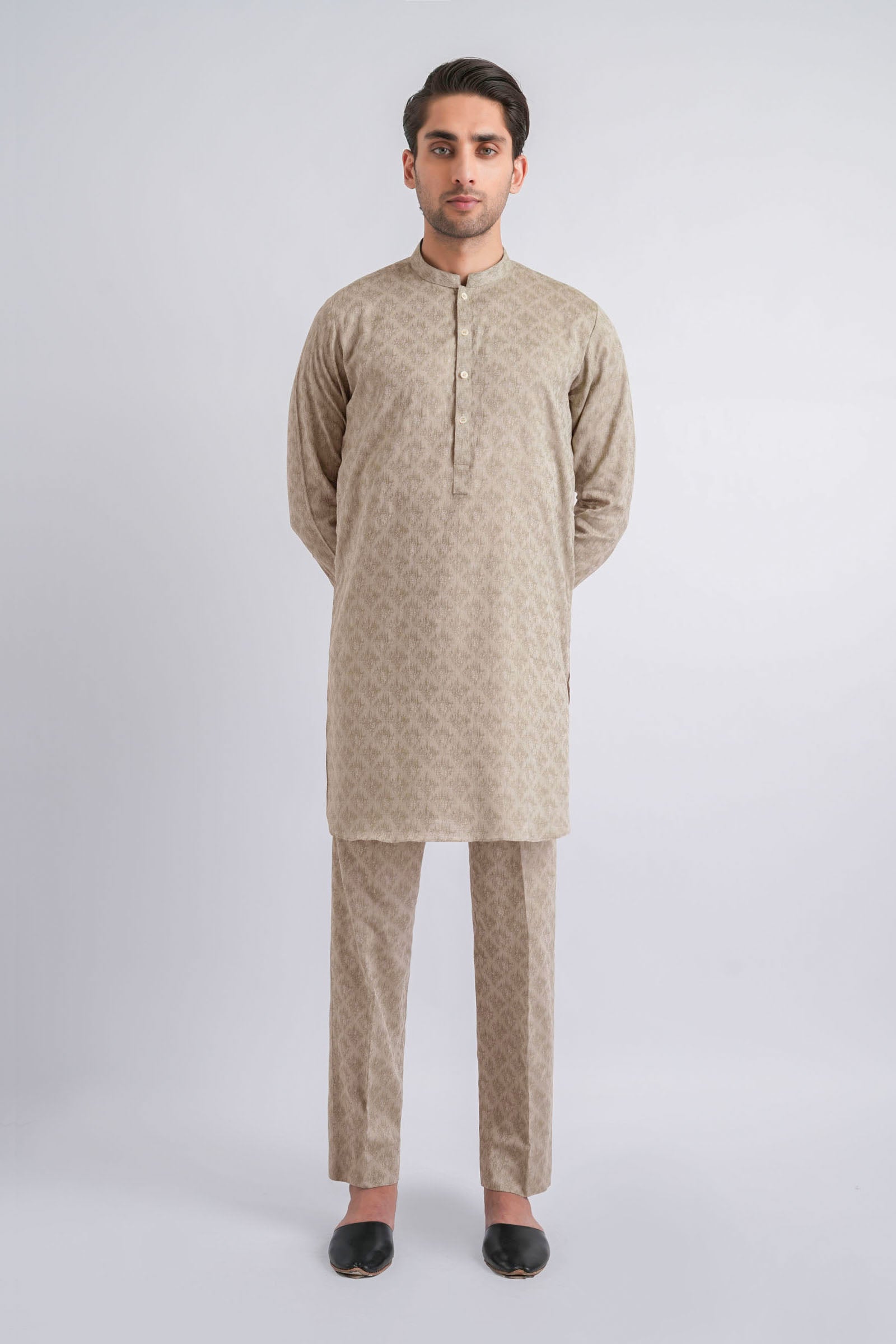 Light Grey Jacquard Kurta Trouser Set (2-Piece) - Image 3