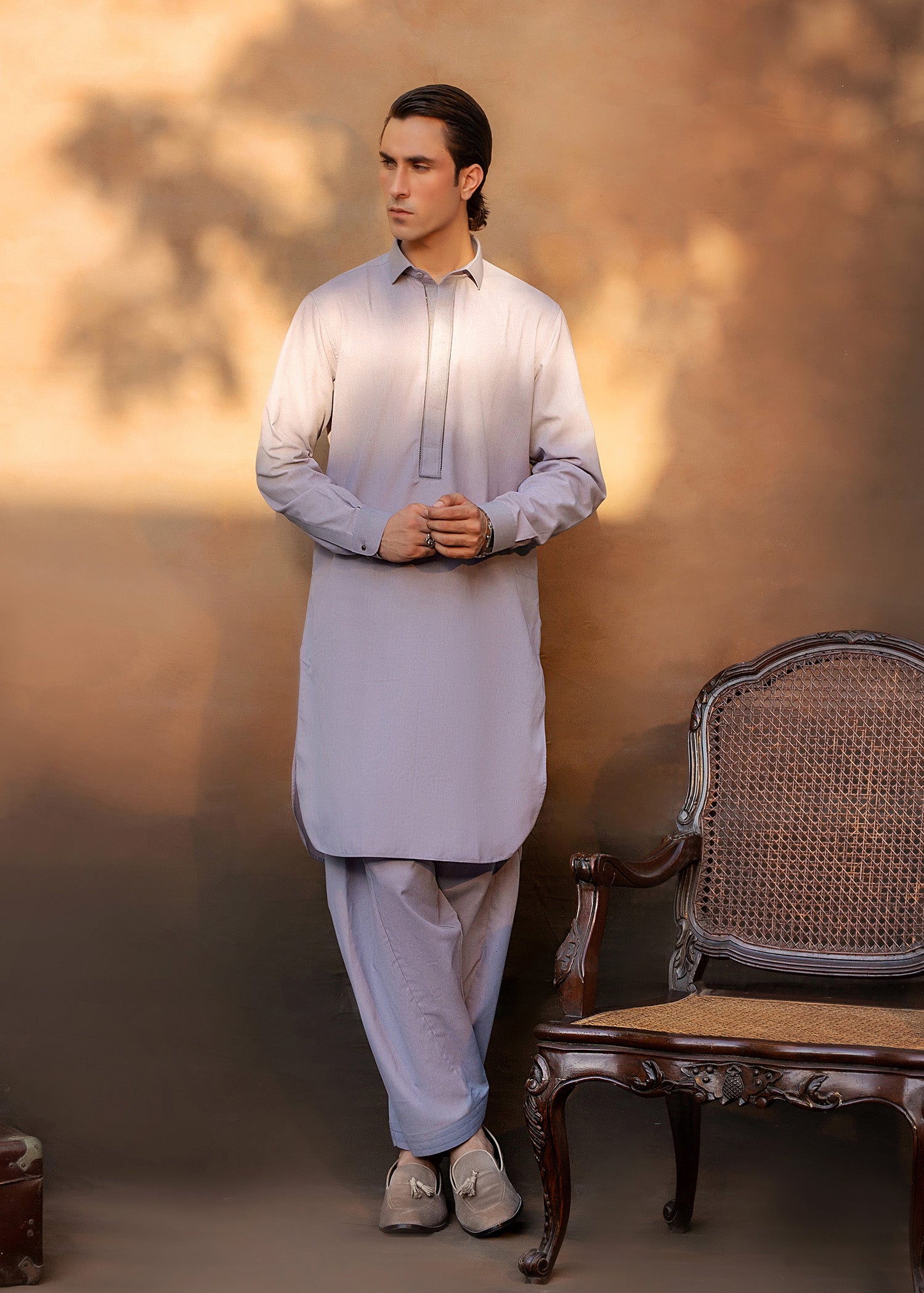 Steel Grey Embroidered Khader Kurta Pajama (2-Piece) - Image 1