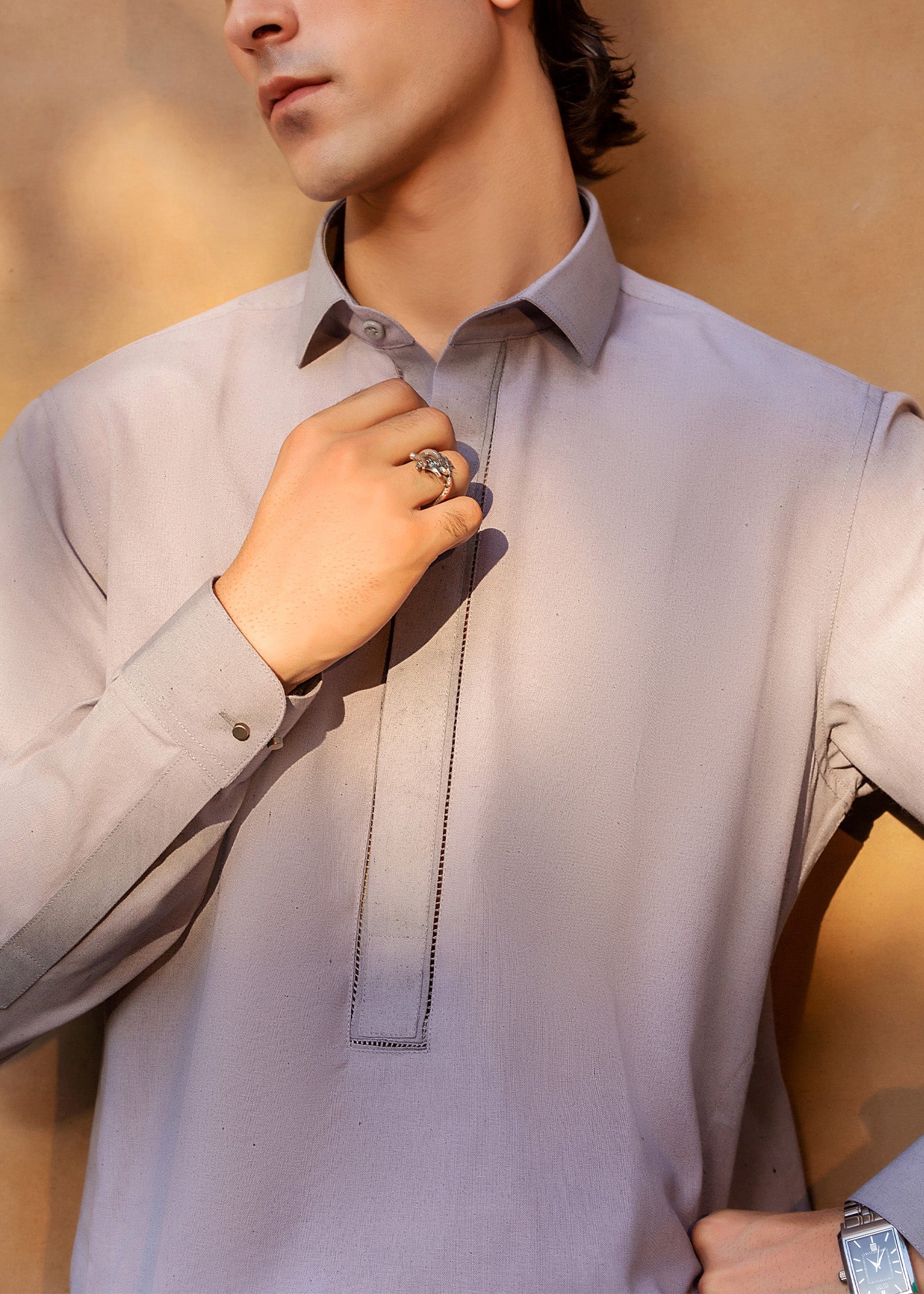 Steel Grey Embroidered Khader Kurta Pajama (2-Piece) - Image 3