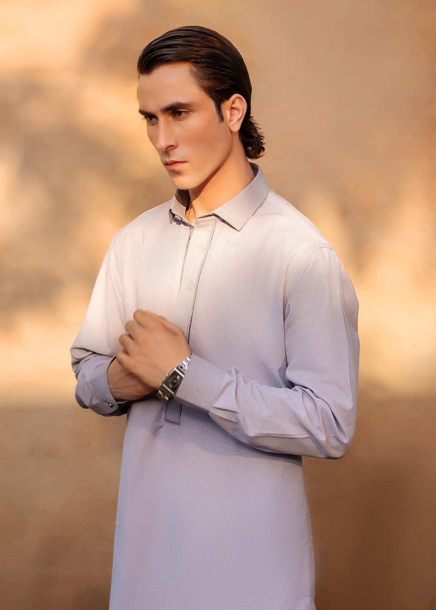 Steel Grey Embroidered Khader Kurta Pajama (2-Piece) - Image 4