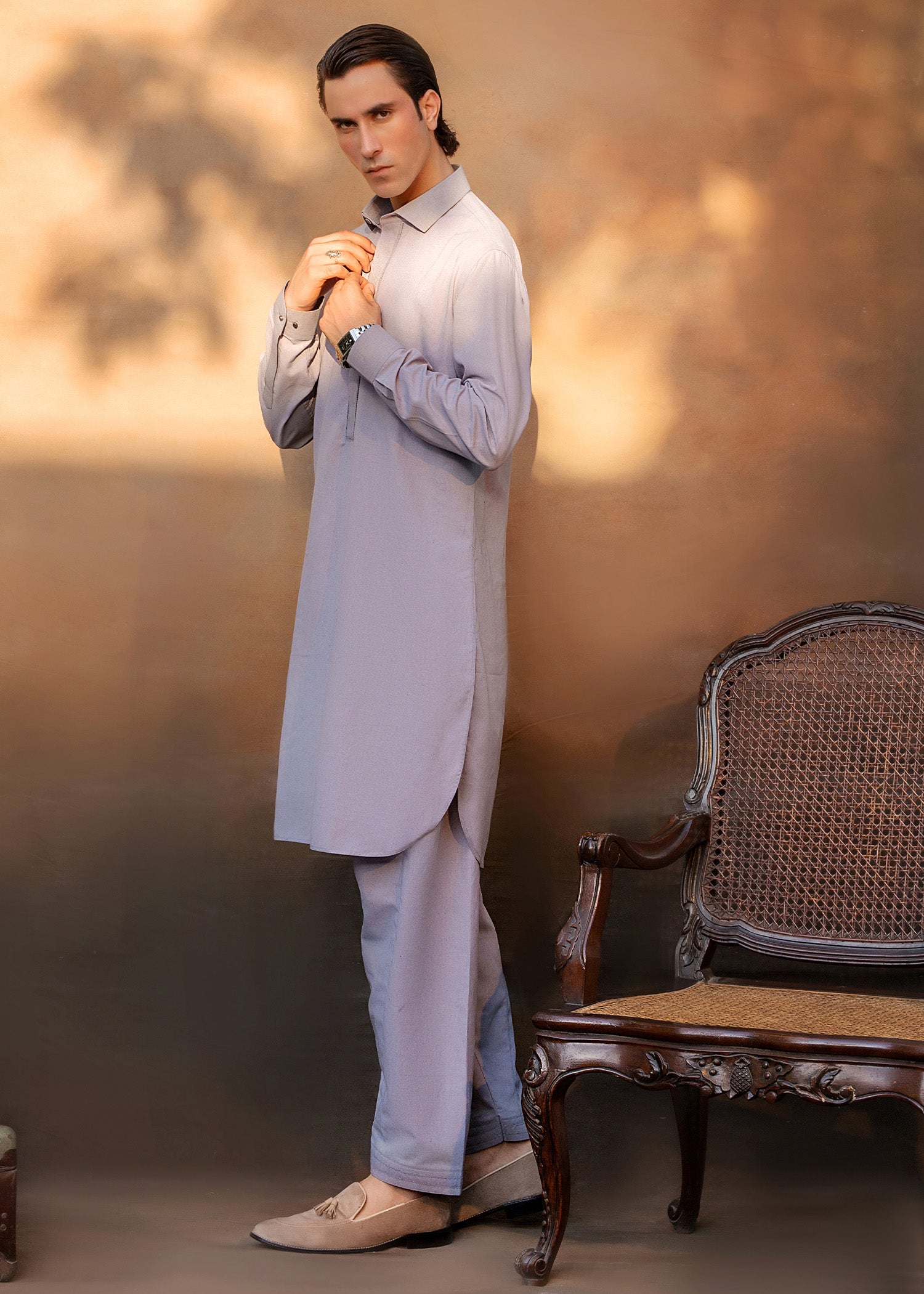Steel Grey Embroidered Khader Kurta Pajama (2-Piece) - Image 5