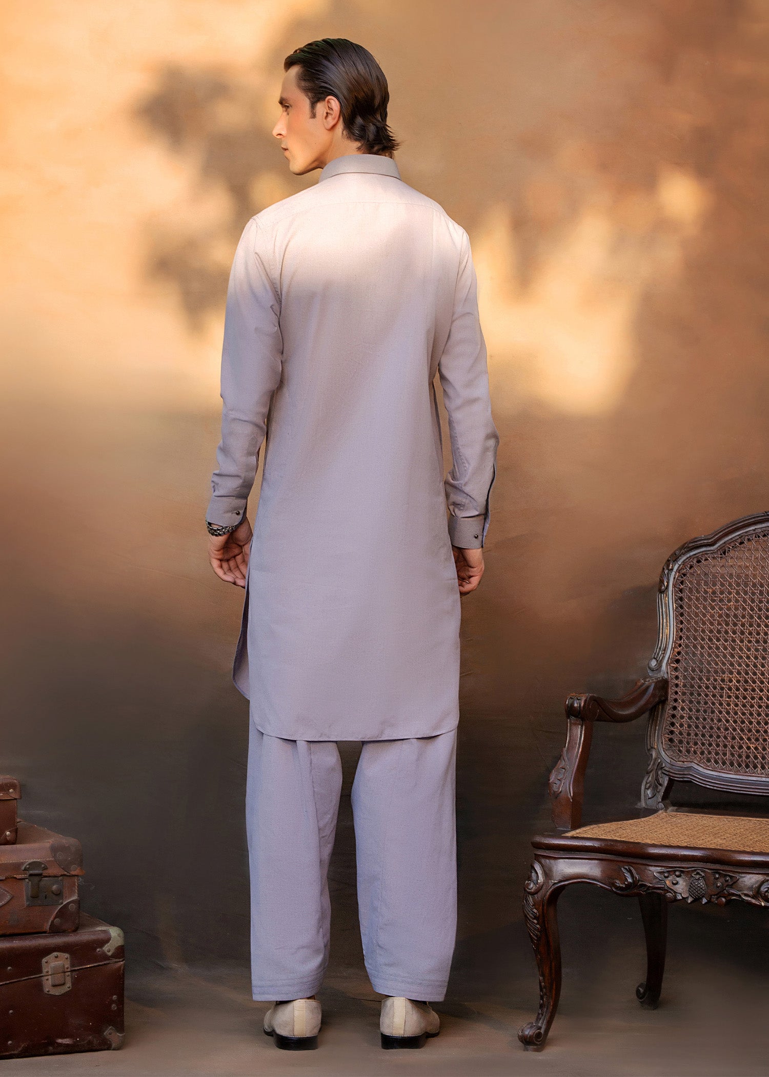 Steel Grey Embroidered Khader Kurta Pajama (2-Piece) - Image 6