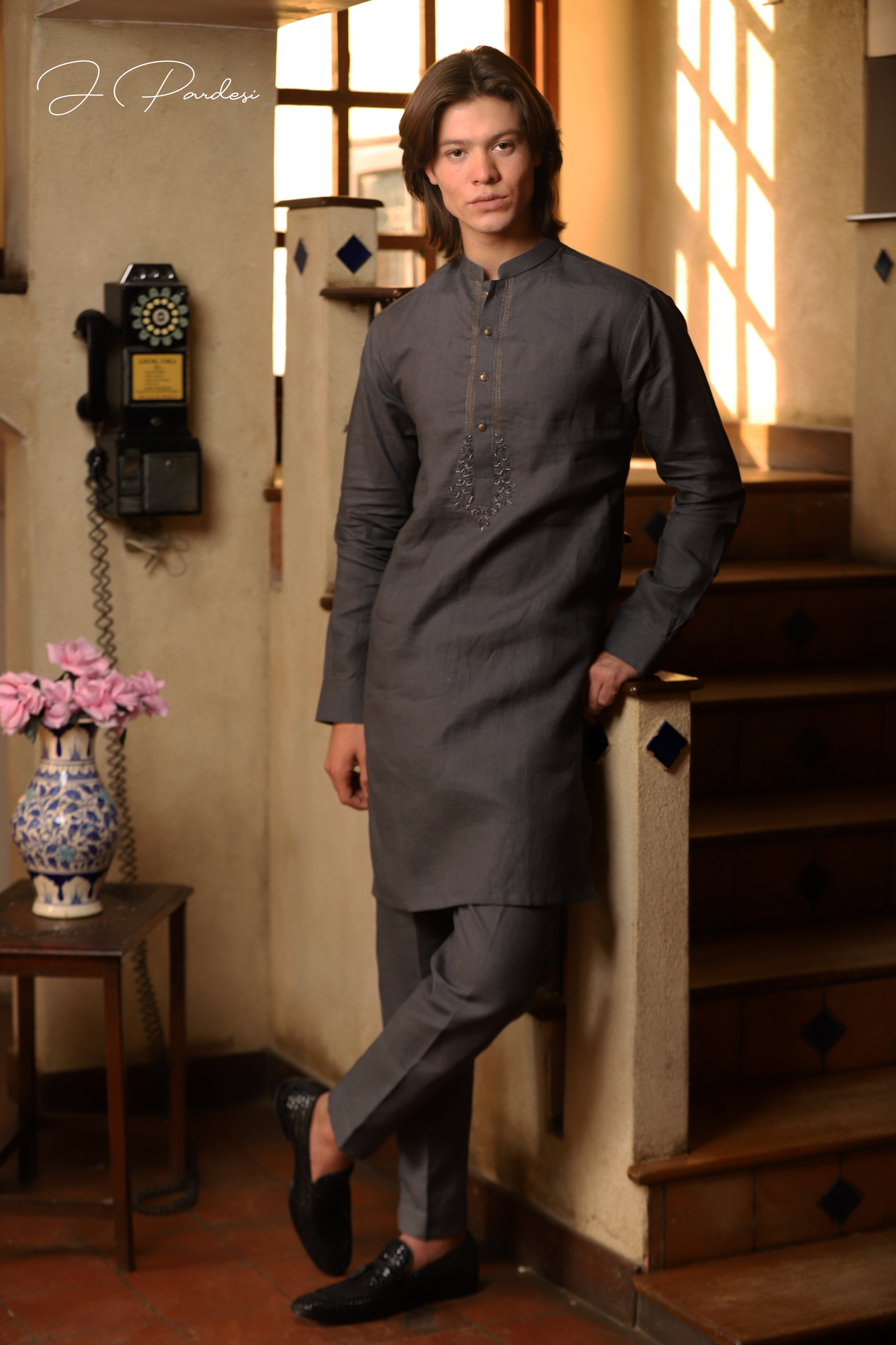 Grey Ombre Embroidered Linen-Cotton Kurta Pajama (2-Piece) - Image 1