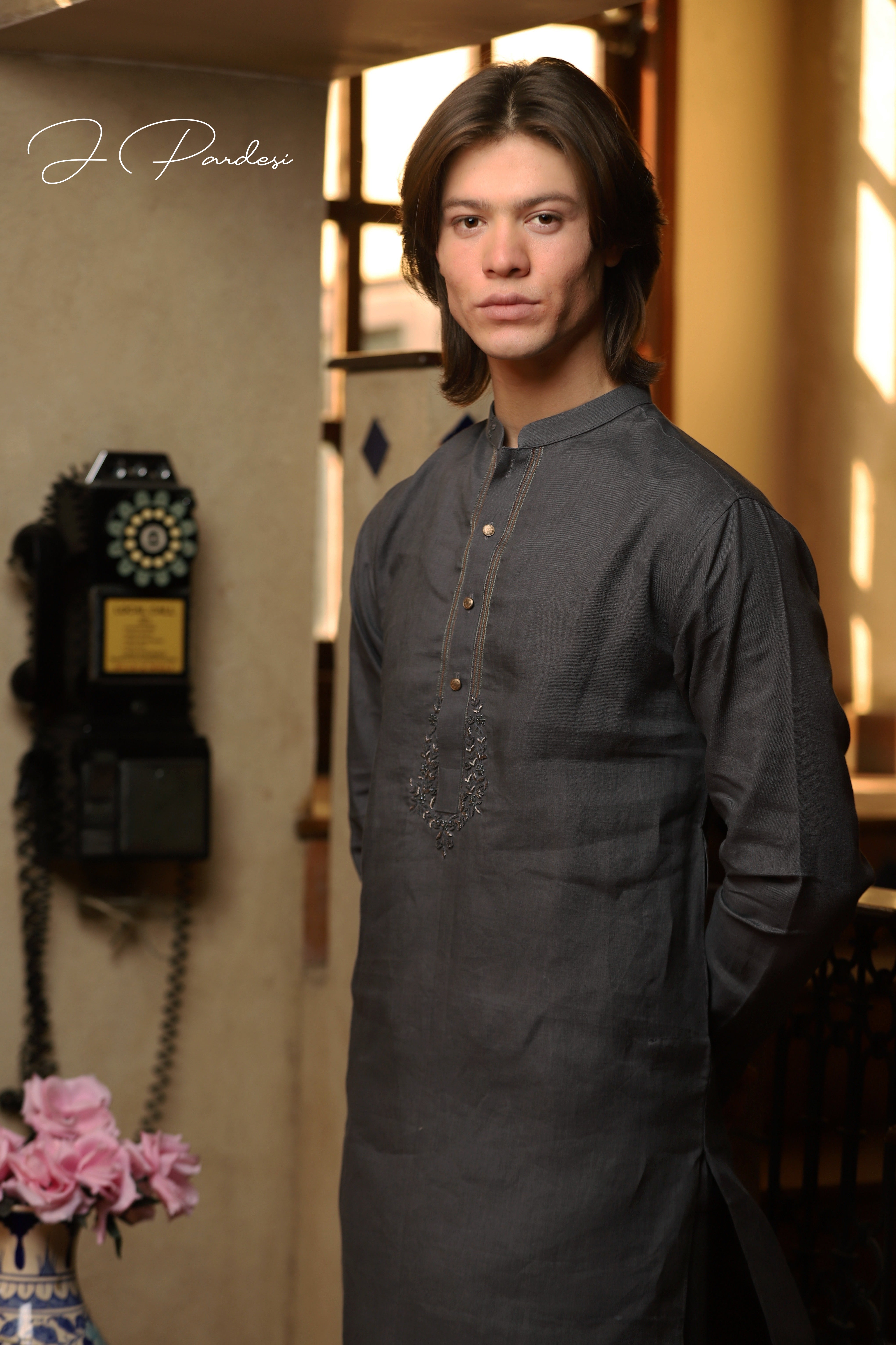 Grey Ombre Embroidered Linen-Cotton Kurta Pajama (2-Piece) - Image 2