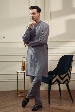 Grey Linen Kurta Trouser Set (2-Piece) - Image 2