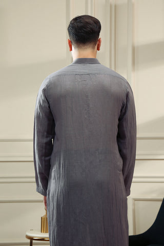 Grey Linen Kurta Trouser Set (2-Piece) - Image 3