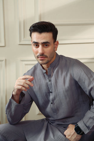 Grey Linen Kurta Trouser Set (2-Piece) - Image 4