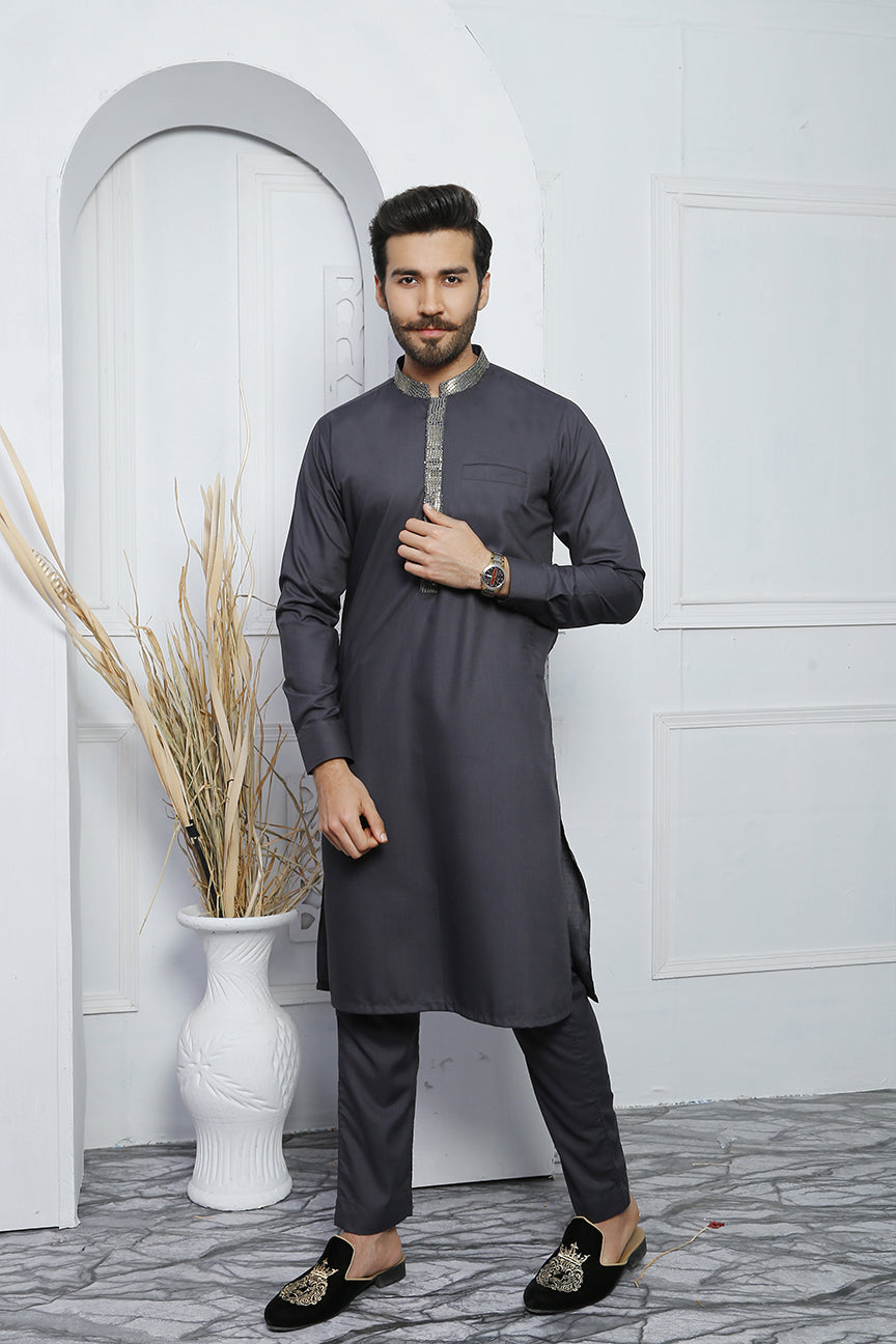 Grey Sequin Poly Viscose Kurta Pajama (2-Piece) - Image 4