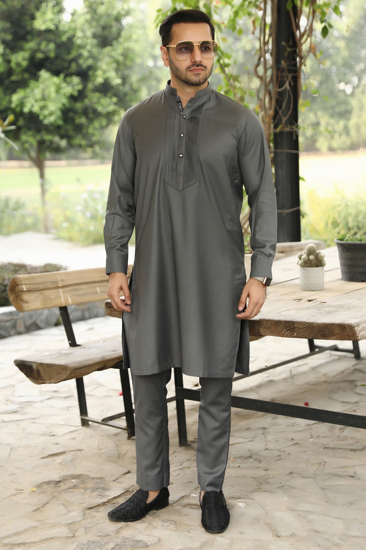 Charcoal Grey Pintuck Premium Fabric Kurta Pajama (2-Piece) - Image 1