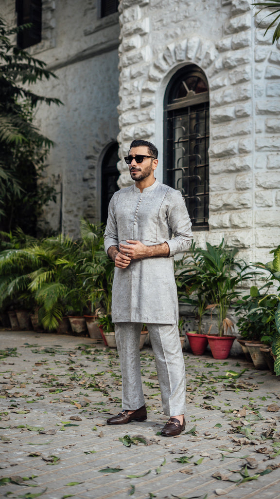 Grey Textured Kurta Pajama (2-Piece) - Image 1