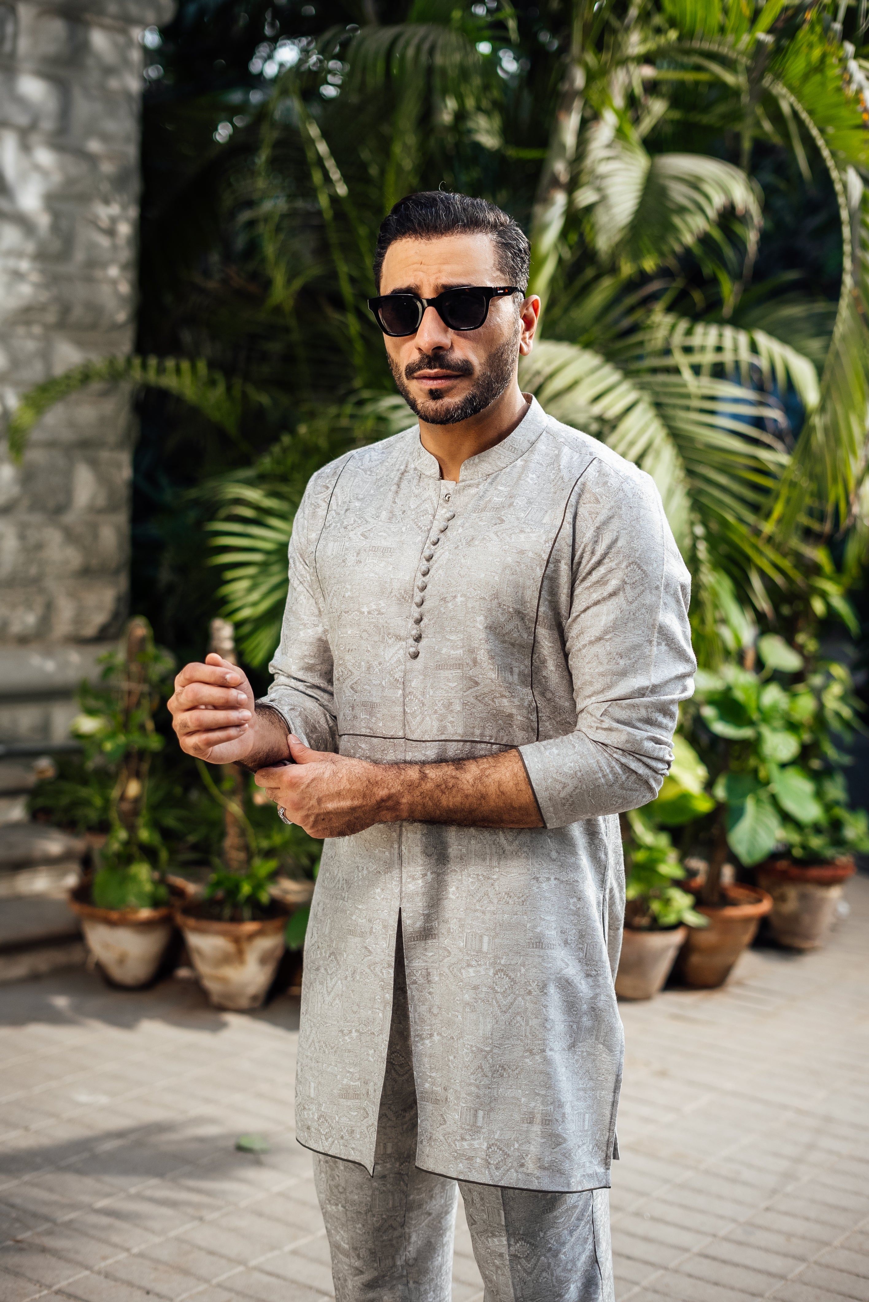 Grey Textured Kurta Pajama (2-Piece) - Image 3