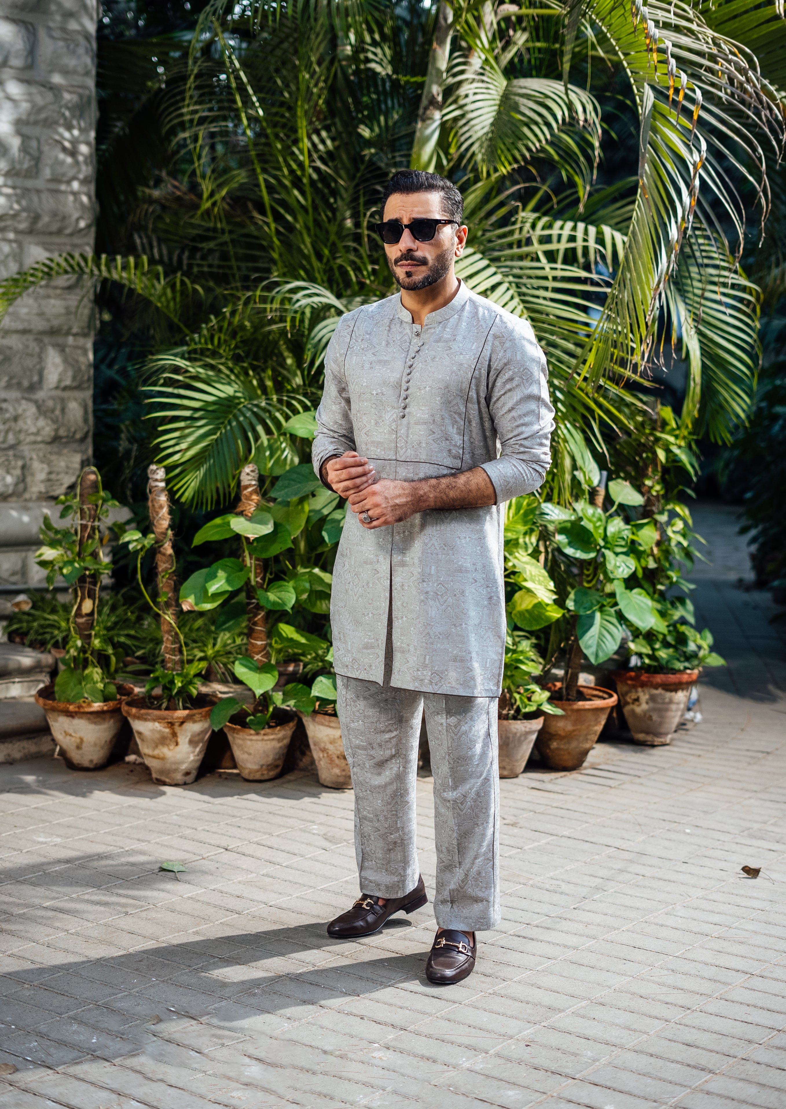 Grey Textured Kurta Pajama (2-Piece) - Image 5