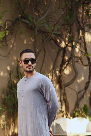 Grey Slub Cotton Kurta Trouser Set (2-Piece) - Image 2