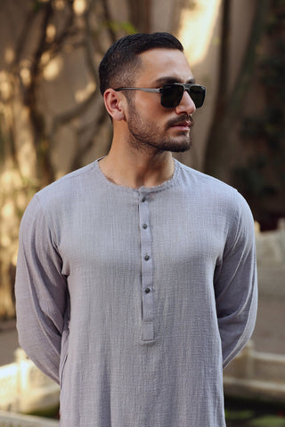 Grey Slub Cotton Kurta Trouser Set (2-Piece) - Image 4
