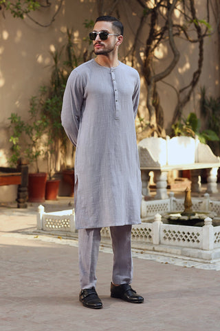 Grey Slub Cotton Kurta Trouser Set (2-Piece) - Image 6