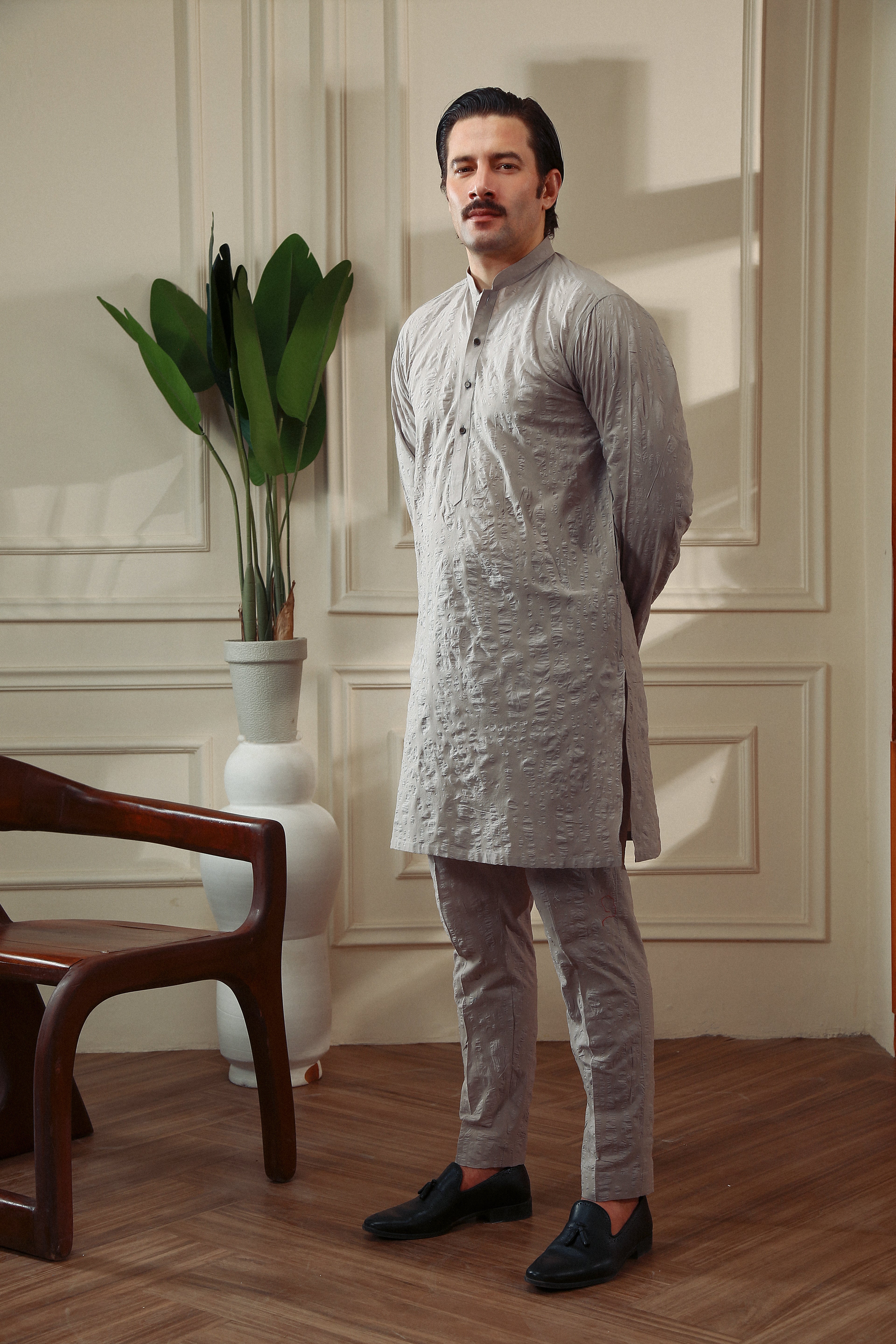 Grey Structured Cotton Kurta Trouser Set (2-Piece) - Image 1