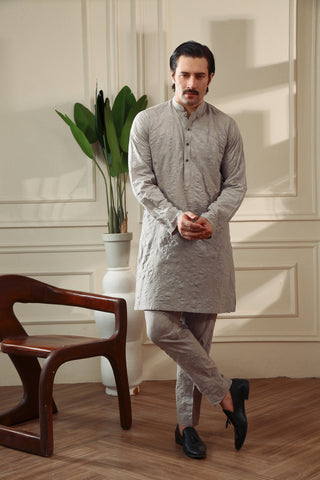 Grey Structured Cotton Kurta Trouser Set (2-Piece) - Image 3