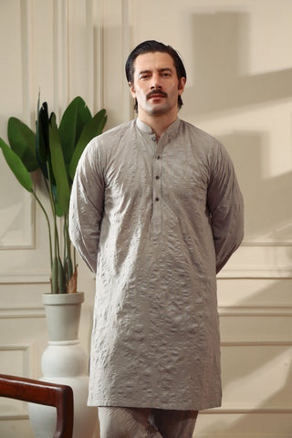 Grey Structured Cotton Kurta Trouser Set (2-Piece) - Image 4