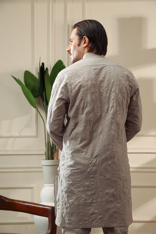 Grey Structured Cotton Kurta Trouser Set (2-Piece) - Image 5