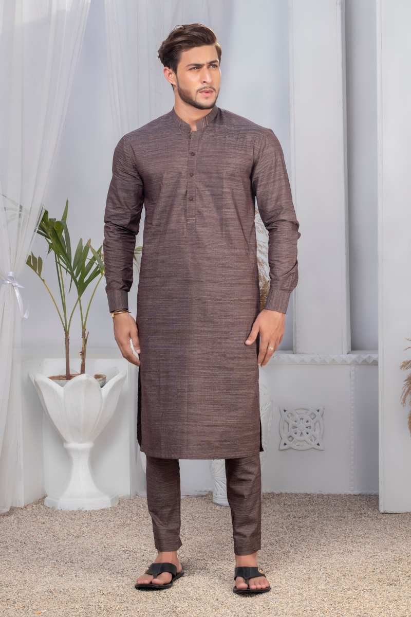 Stone Grey Textured Weave Kurta Pajama (2-Piece) - Image 1