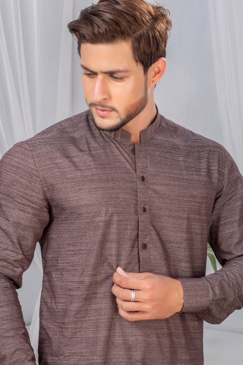 Stone Grey Textured Weave Kurta Pajama (2-Piece) - Image 2