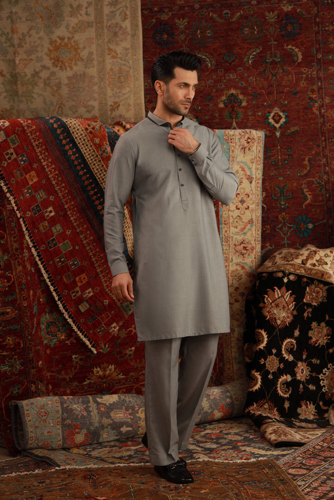 Light Grey Embroidered Wash & Wear Kurta Pajama (2-Piece) - Image 1
